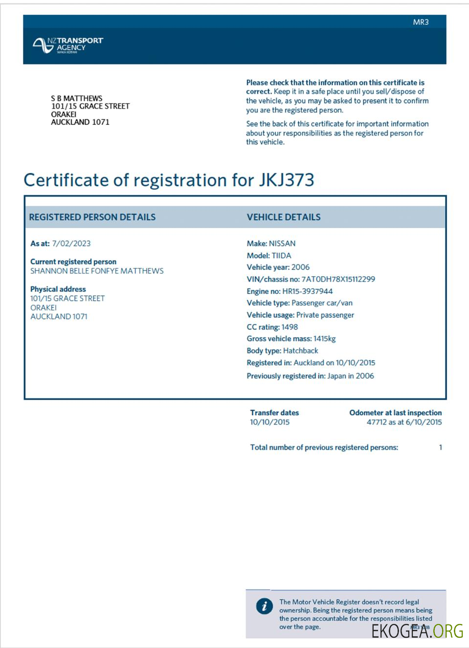 Certificat d'immatriculation du véhicule en Nouvelle Zélande